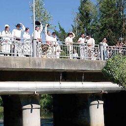 Prikaz Jurjevskega obreda leta 2008, pri katerem so zelenje vrgli z mostu v Dobličico (Arhiv fotografij RIC Bela krajina, foto: Srečko Bastač).
