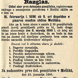Razglas Prve dolenjske posojilnice v Metliki je bil objavljen v Dolenjskih novicah 1. februarja 1896 na strani 23.