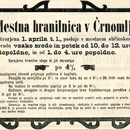 Reklama za črnomaljsko hranilnico je bila objavljena v Dolenjskih novicah 1. aprila 1905 na strani 76.