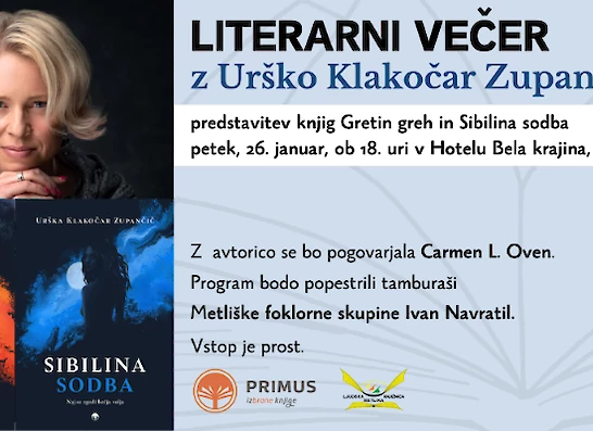 Literarni večer z Urško Klakočar Zupančič predstavitev knjig Gretin greh in Sibilina sodba